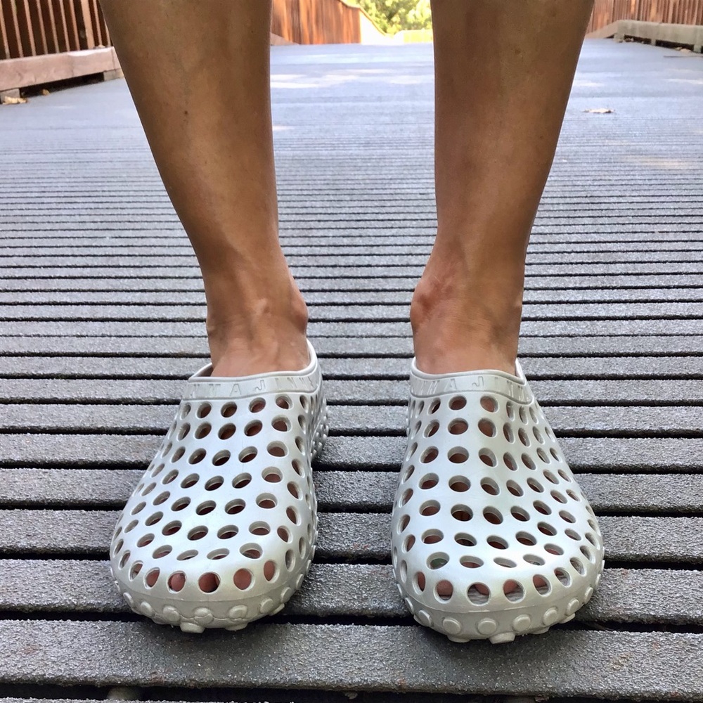 Silver Slip-On Mules with Perforated Design